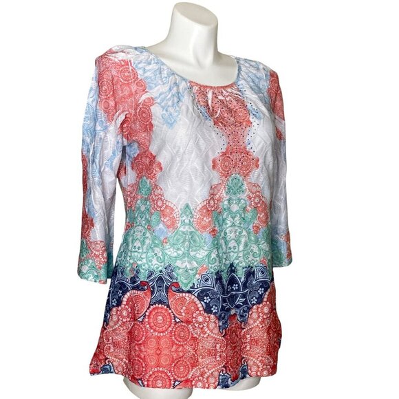 Reba Multicolor Bohemian Tunic Top, 3/4 Sleeves Paisley Print Design Women's L - Picture 3 of 10